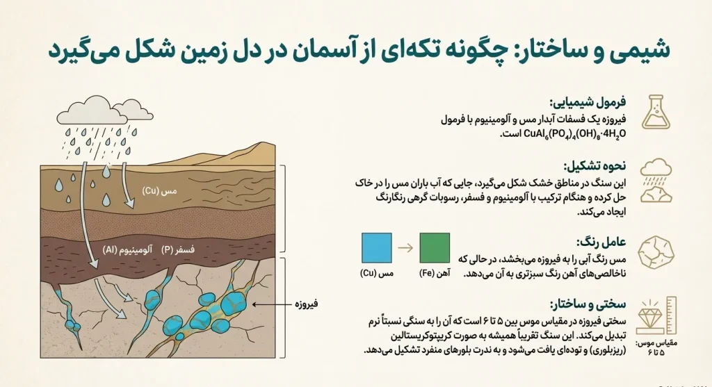 فرمول شیمیایی + نحوه تشکیل + عامل رنگ + سختی و ساختار سنگ فیروزه