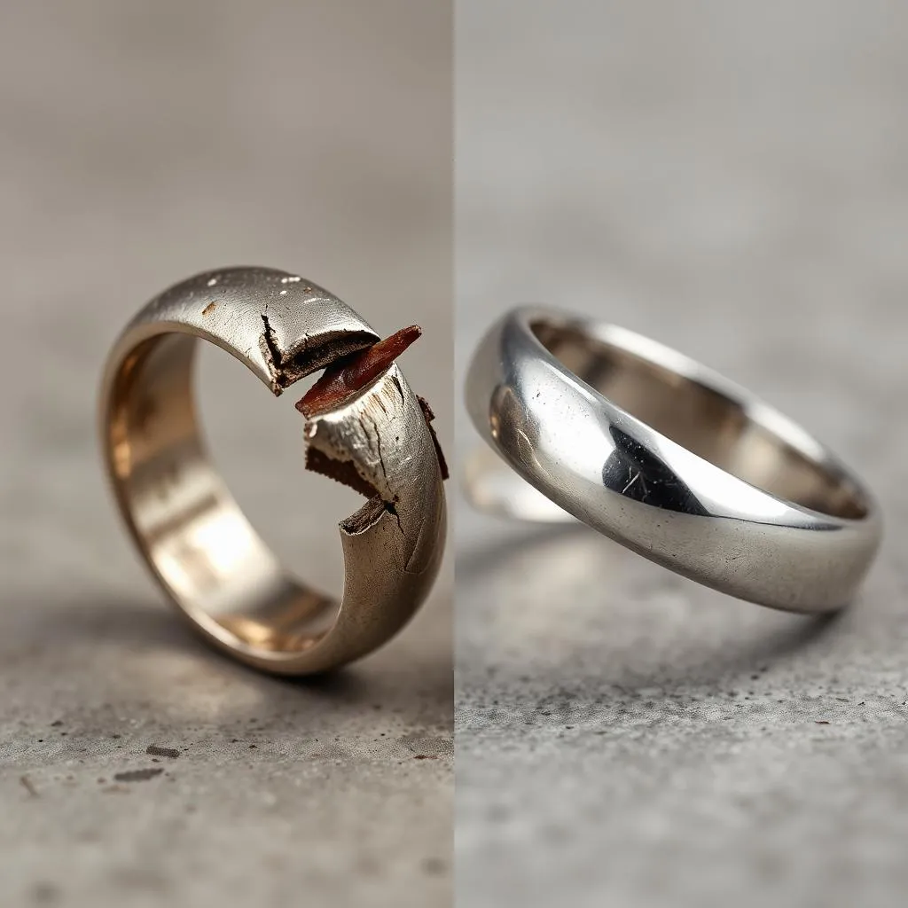 تصویر مقایسه‌ای قبل و بعد از تعمیر: یک انگشتر نقره کدر و شکسته در سمت چپ، و همان انگشتر پس از تعمیر و پولیش براق در سمت راست