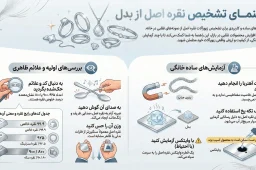 اینفوگرافیک جامع تشخیص نقره اصل از بدل شامل بررسی کدهای حک‌شده، نشانه‌های ظاهری و تست‌های ساده خانگی مثل آهنربا، یخ و پارچه سفید