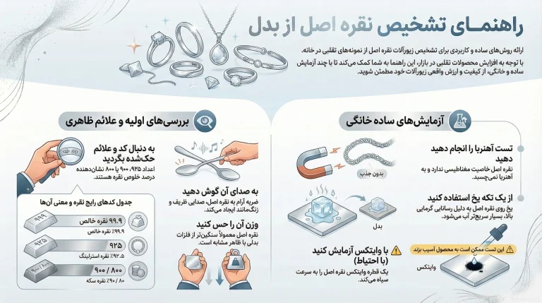 اینفوگرافیک جامع تشخیص نقره اصل از بدل شامل بررسی کدهای حک‌شده، نشانه‌های ظاهری و تست‌های ساده خانگی مثل آهنربا، یخ و پارچه سفید