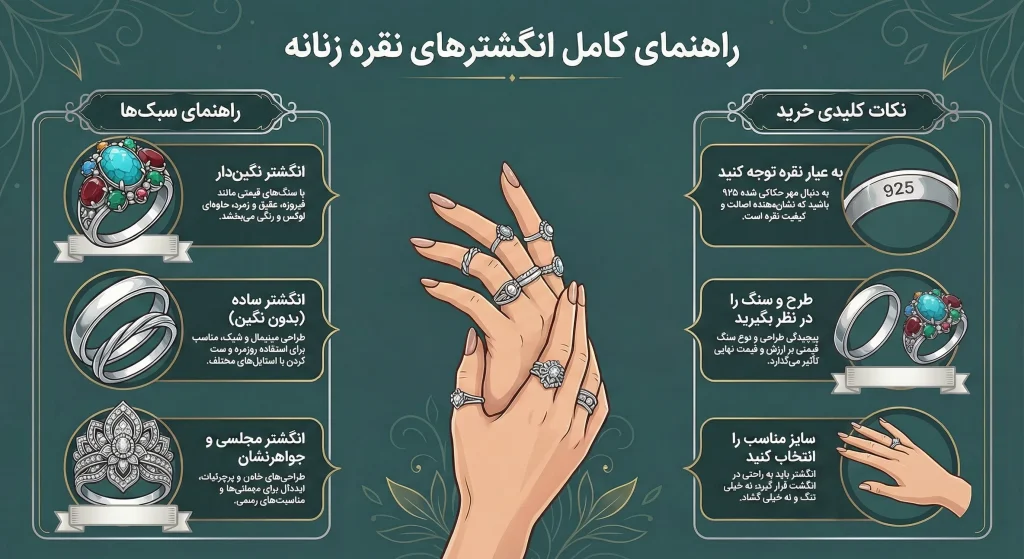 راهنمای کامل انگشترهای نقره زنانه با معرفی انواع سبک‌ها و نکات کلیدی خرید