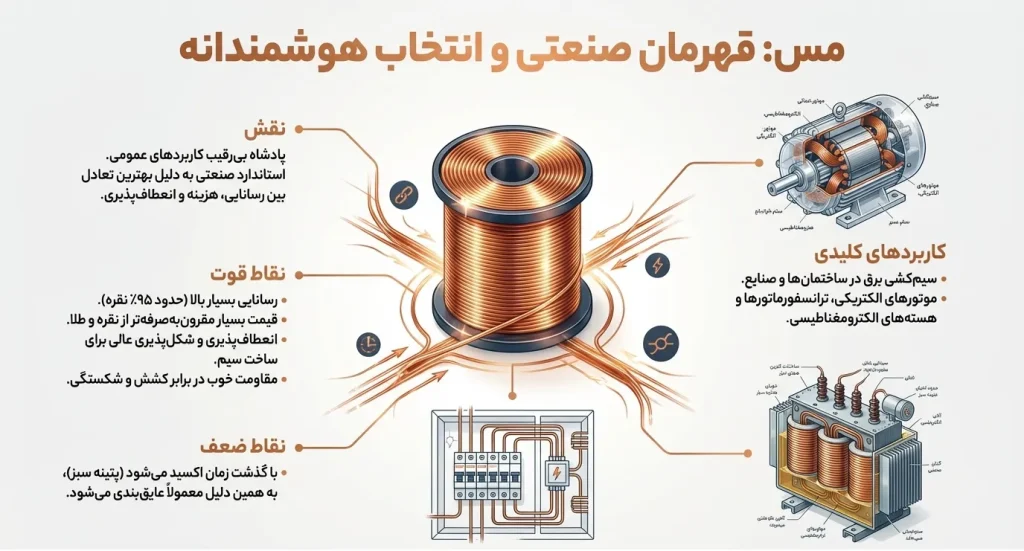 مس انتخاب هوشمندانه برای سیم کشی برق و موتور های الکتریکی و ترانزیستور ها اما با گذشت زمان اکسید کامل میشود
