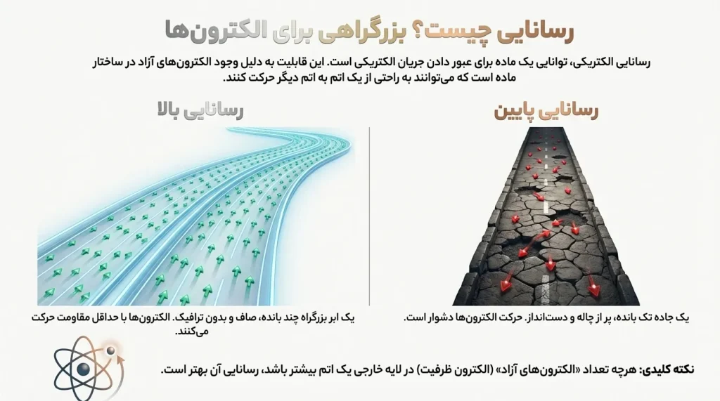 رسانایی چیست ؟ بزرگراهی برای الکترون ها توان یک ماده برای عبور دادن جریان الکتریکی 