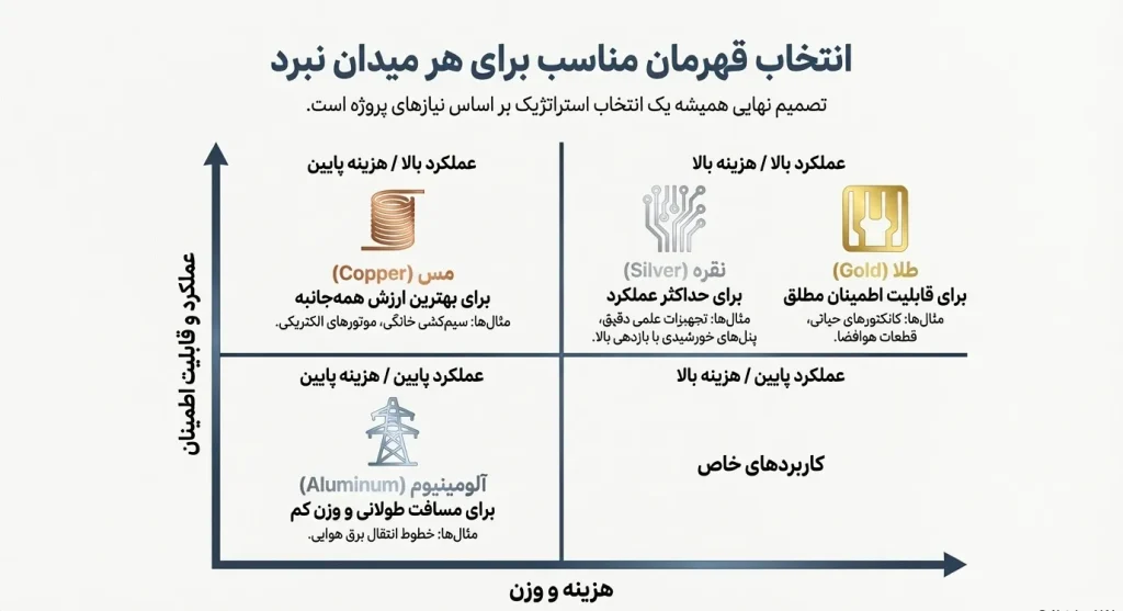رسانا ترین فلز مشخص نیست. تصمیم نهایی بر اساس بودجه و نیاز پروژه است دلیلش تو تصویره