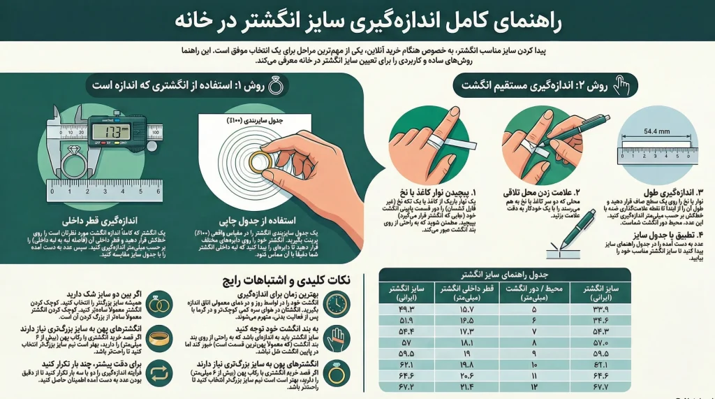 راهنمای تعیین سایز انگشتر نقره زنانه در خانه
